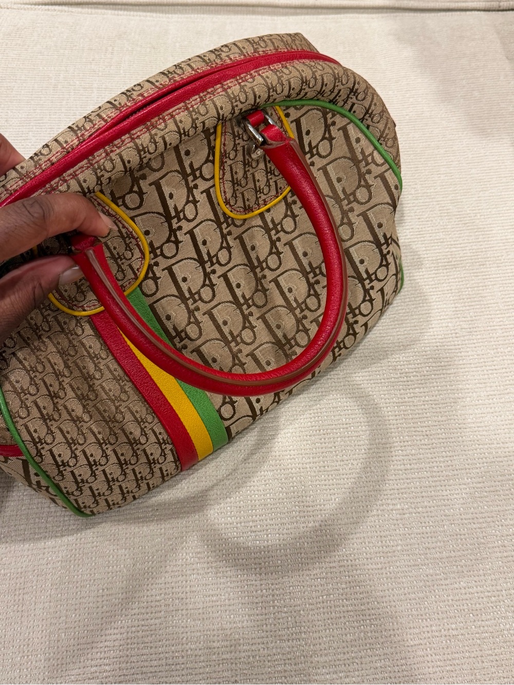 Dior Beige Monogram Satchel with Red Handles and Multicolor Stripe - Picture 2 of 6